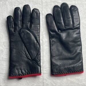 Womens Black Red Leather Lambswool Angora Blend‎ Lined Driving Gloves Sz L Soft